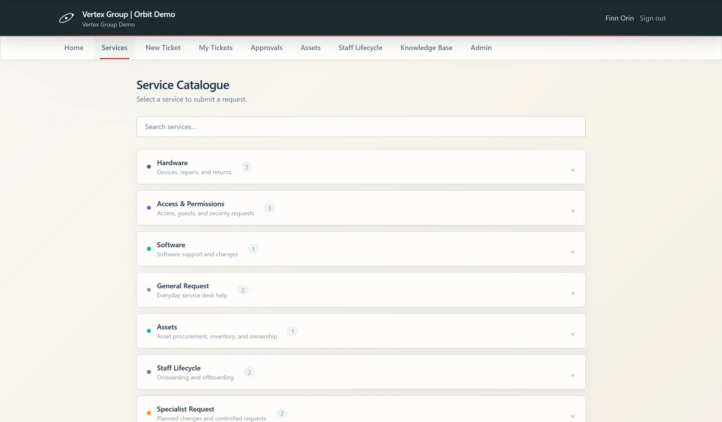 Orbit service catalogue listing IT services available to request