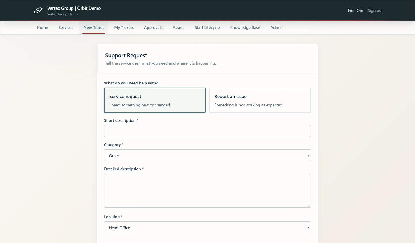 Orbit guided new ticket form with structured fields instead of a blank text box
