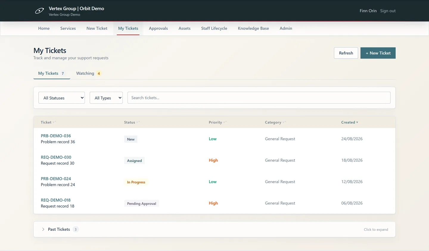 Orbit My Tickets view listing a staff member's open and past requests with status