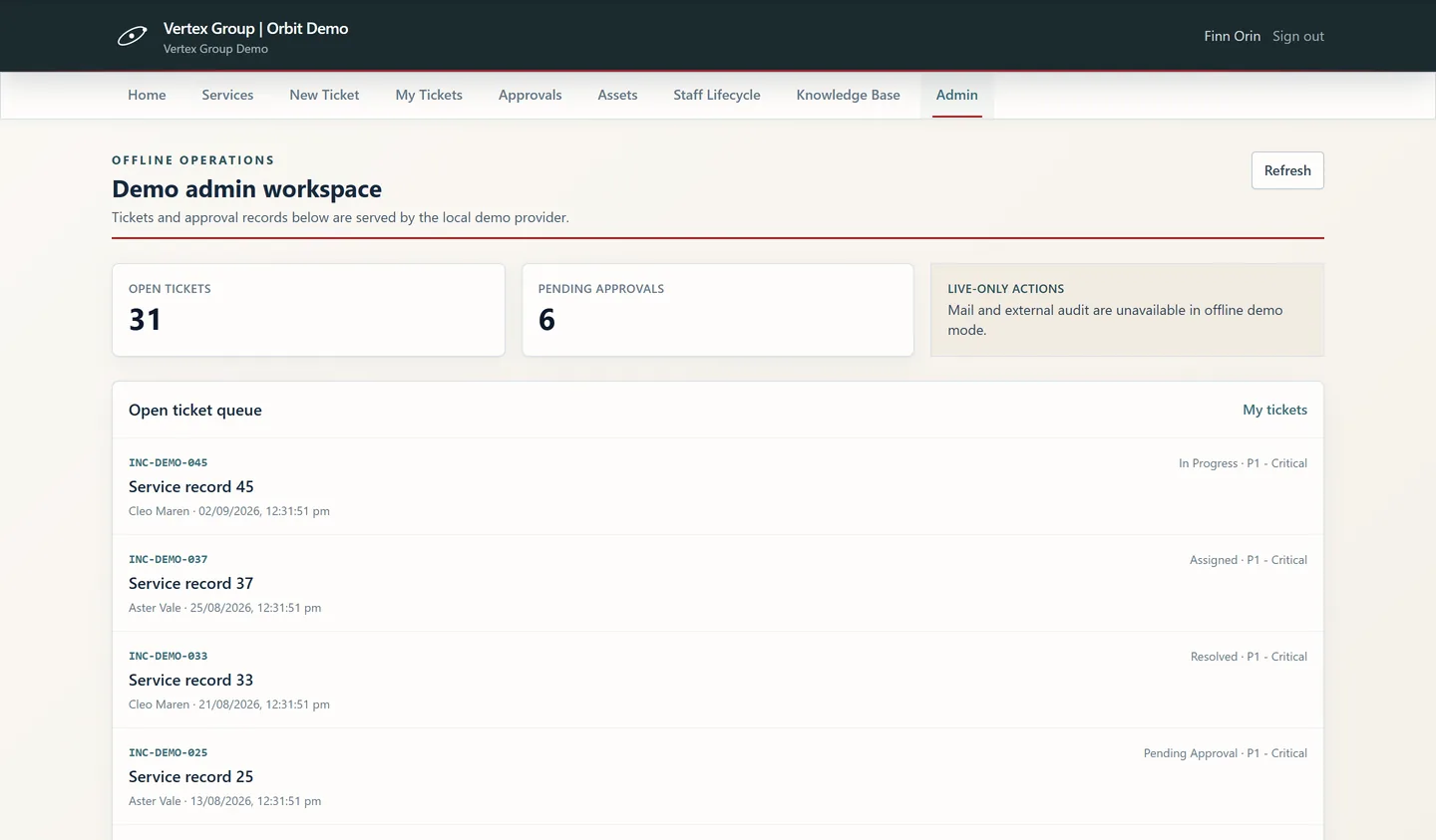 Orbit IT admin workspace showing the open ticket queue with priority, ownership and approval status