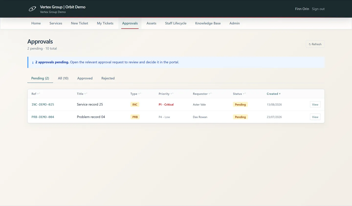 Orbit approvals queue showing pending approval requests awaiting a decision
